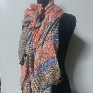 Chico's Vibrant Orange, Olive and Blue Tassel Scarf